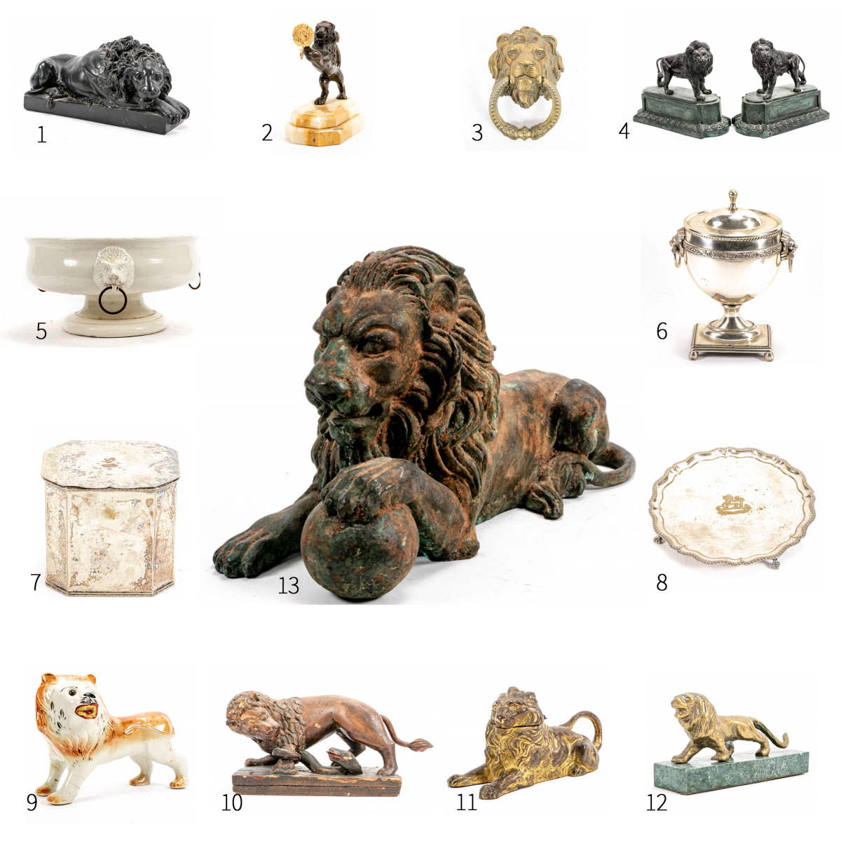 A collection of vintage lion sculptures, silver, and smalls
